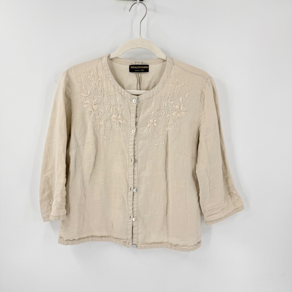 Antony & Co Linen Blouse Beige Floral Embroidered Button Front Top Boho Chic Med